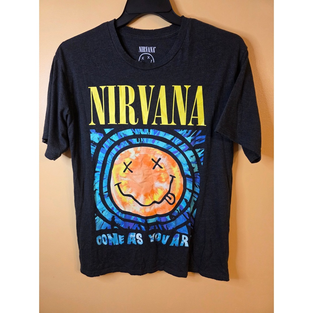 Nirvana Live 93 Tour Graphic T-Shirt Charcoal Gray Smiley Face Small